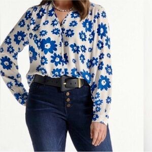 Cabi 4334 Florist Blouse Blue Lagoon Long Sleeve V-Neck Women’s Top Size Medium